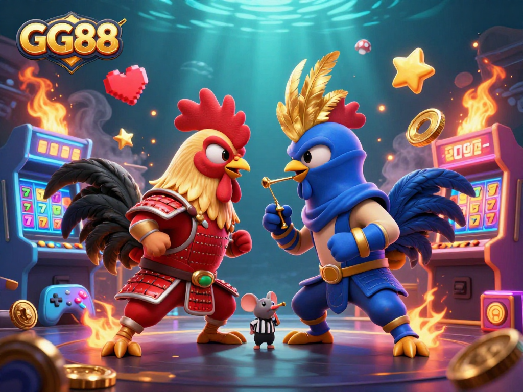 Engaging GG88 casino illustration with roosters, slot reels, and arcade elements in vivid colors.