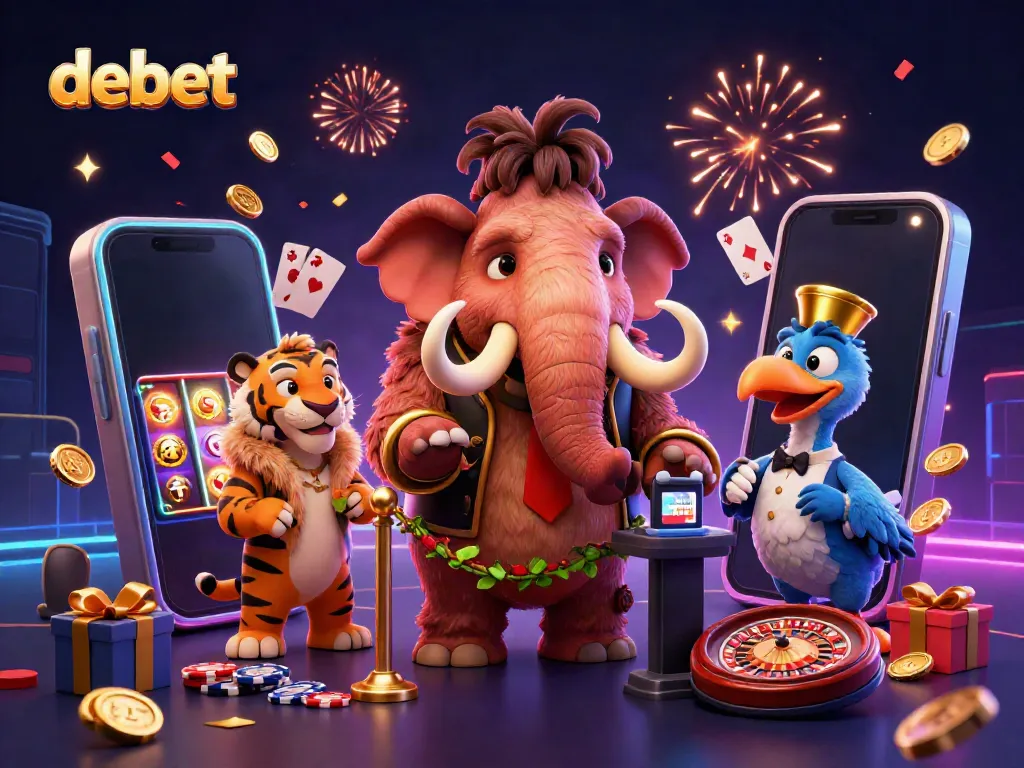 Experience the vibrant gaming world at DEBET with a mammoth bouncer and VIP guests in a lively casino scene.