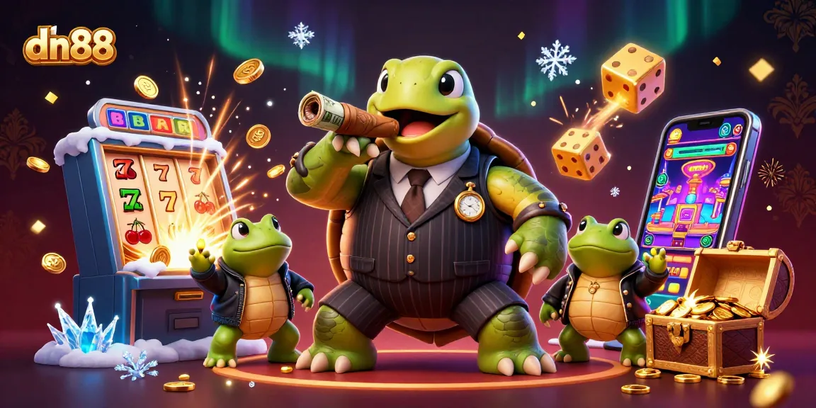 Win big with dn88 as a massive snapping turtle mobster and bullfrog enforcers celebrate casino success.