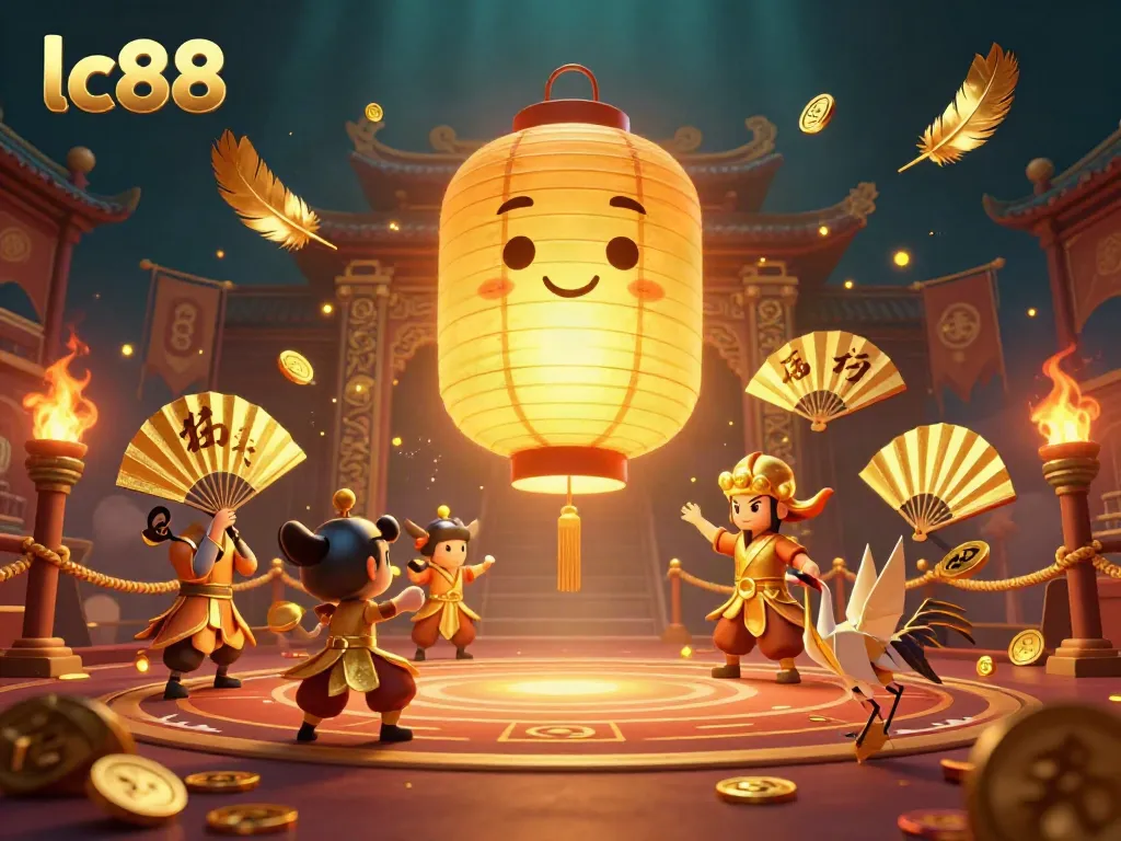 Experience thrilling gambling vibes with lc88 in this vibrant 3D casino illustration featuring golden lanterns and lucky symbols.