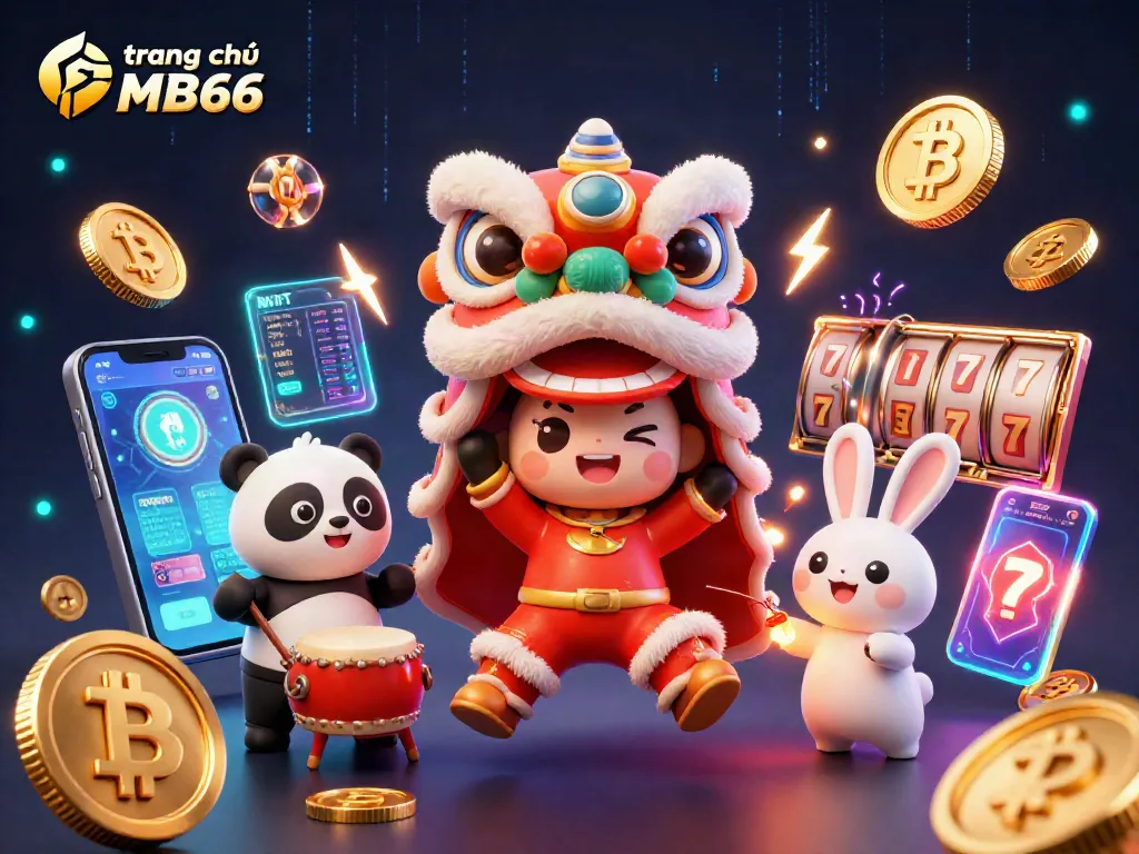 Engage with trang chủ MB66 through a vibrant Chinese New Year casino scene filled with fun characters and gaming elements.
