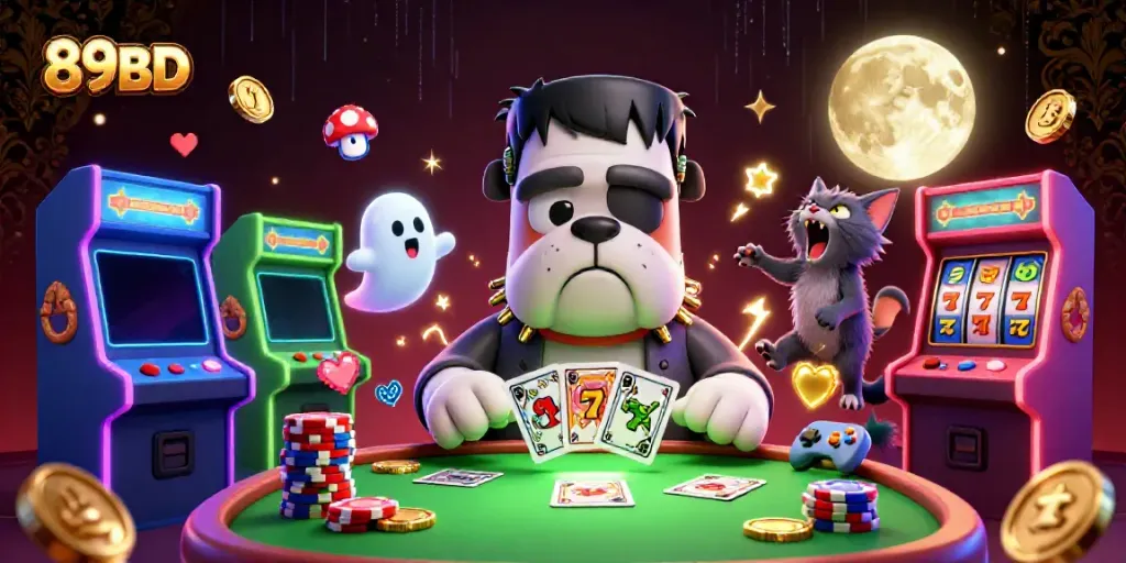 Engage in thrilling gameplay at 89BD with a cartoon Frankenstein bulldog dealer and colorful casino elements.