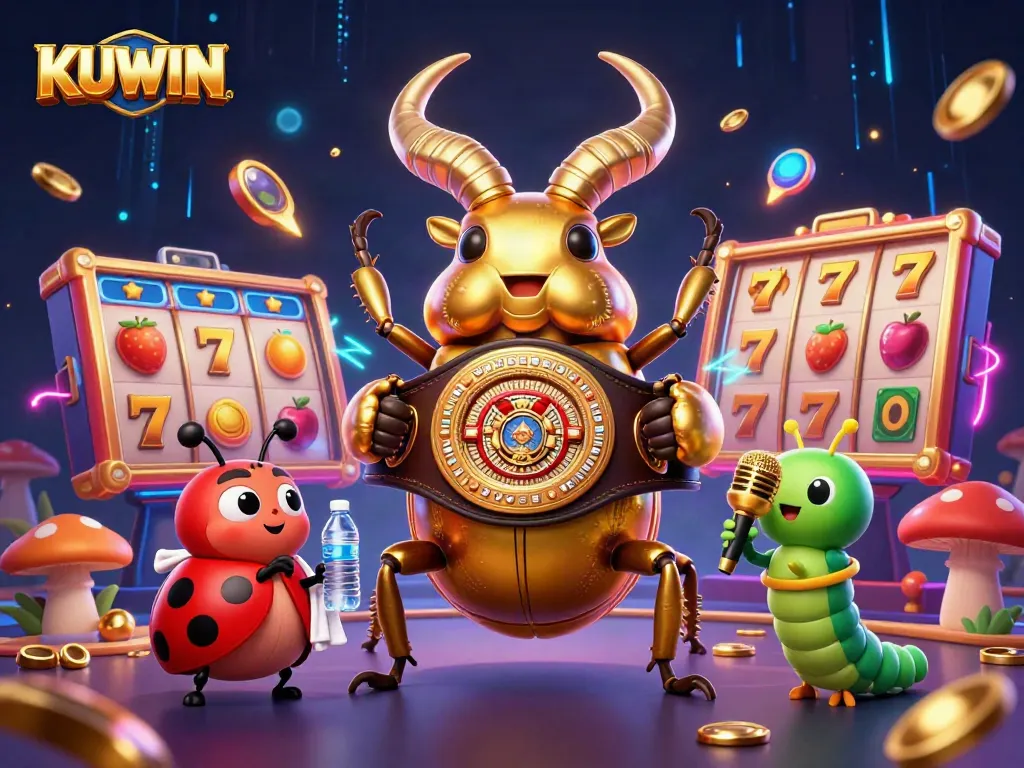 Join the unique KUWIN casino adventure with characters battling for prizes in a vibrant gaming scene.