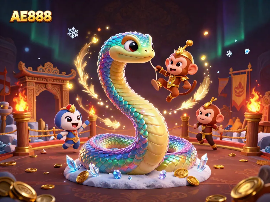 Experience the thrill of AE888 with the vibrant serpent and monkey king in a dynamic casino scene.