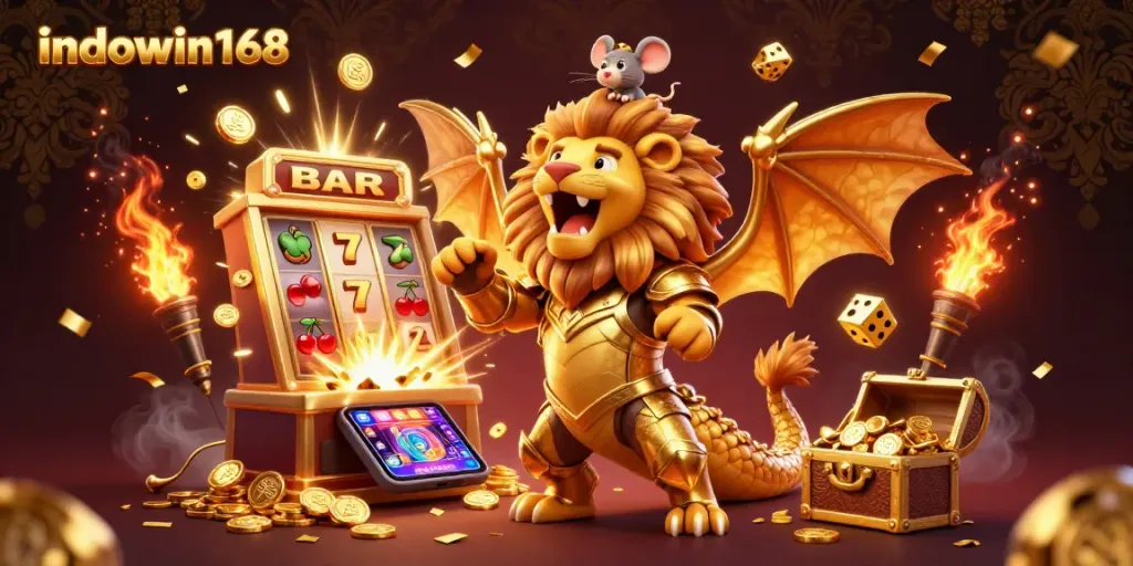 Spin to win big at indowin168 with a golden chimera and thrilling slot machine explosion.