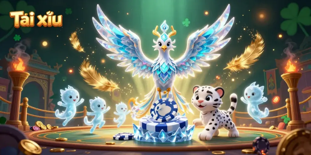Experience Tài xỉu through a lively 3D scene with an icy phoenix, leopard cub, and glowing sprites.