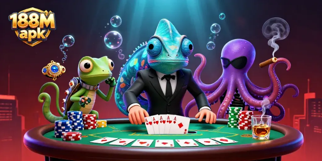 Experience thrilling gaming with 188M apk, showcasing colorful chips, cards, and vibrant casino ambiance.