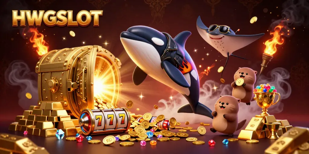 Engage with HWGSLOT featuring a 3D cartoon orca, stingray, and otters in a vibrant casino scene.