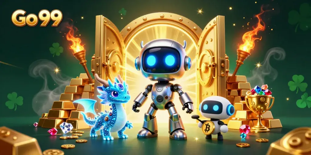 Experience the excitement of Go 99 with thrilling games and golden treasures in this dynamic 3D casino scene.