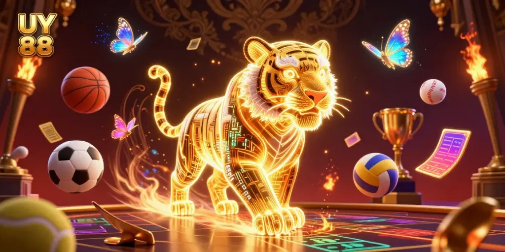 Experience the thrill of UY 88 in an electrifying casino scene with vibrant neon designs.