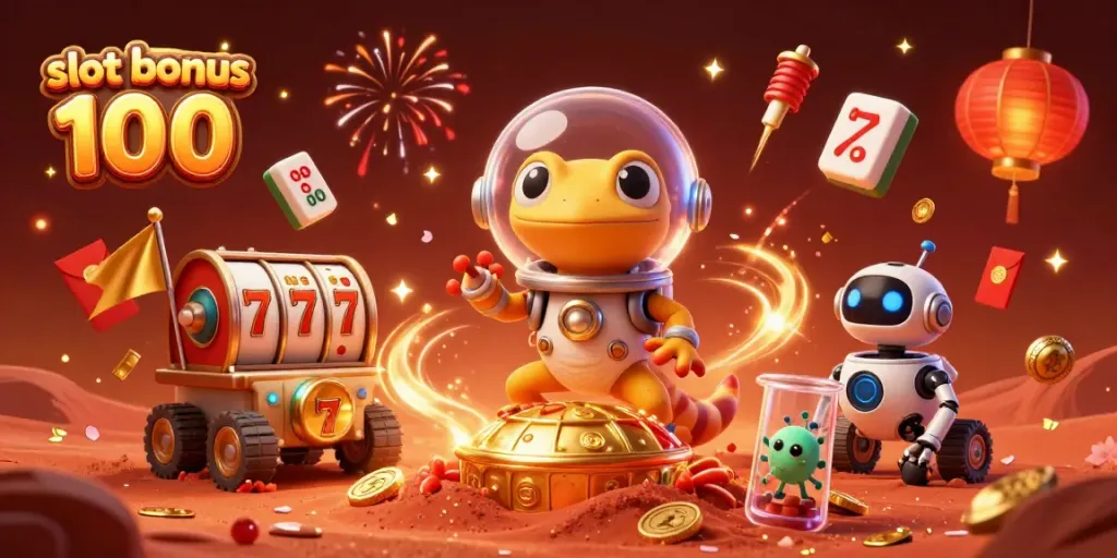 Martian gecko discovers a golden casino with slot bonus 100 elements in a vibrant atmosphere.