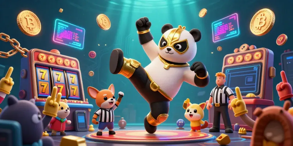 Menggairahkan pemain Wismabet dengan panda pegulat 3D melakukan tendangan, dikelilingi simbol slot dan koin kripto.