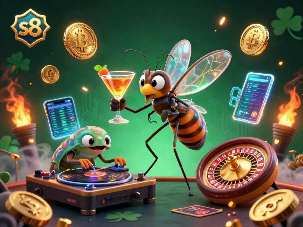 Engage with s8's dynamic casino experience featuring a mosquito mascot and crypto elements.