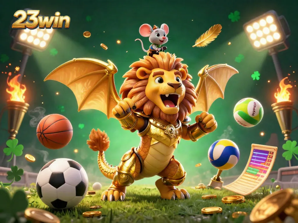 23win showcases an exciting 3D illustration of a chimera creature amid dynamic sports betting elements.