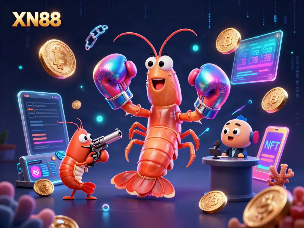 Xn88 features a dynamic casino scene with animated shrimp characters surrounded by vibrant crypto elements.