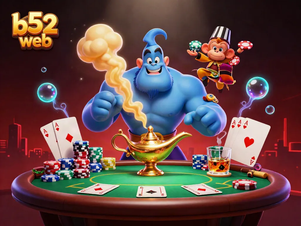 Engaging scene of b52 web with a cartoon genie, monkey, and poker chips illustrating casino excitement.