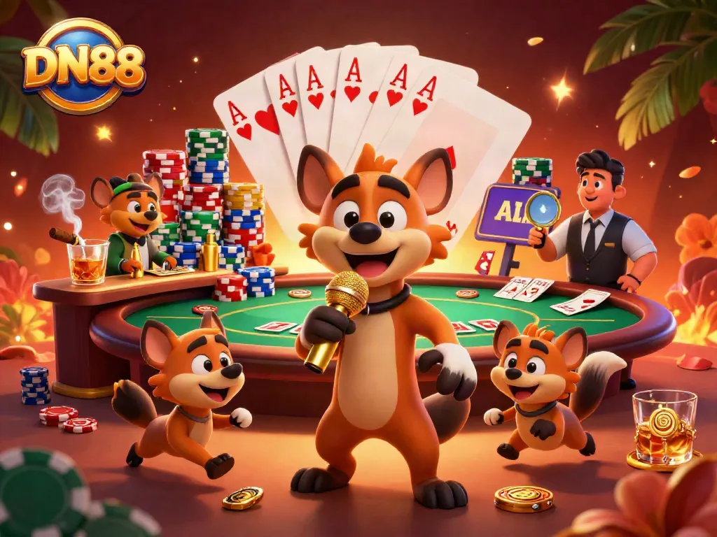 Experience the vibrant atmosphere of DN88 with cartoon hyenas working in a busy comedy casino club.
