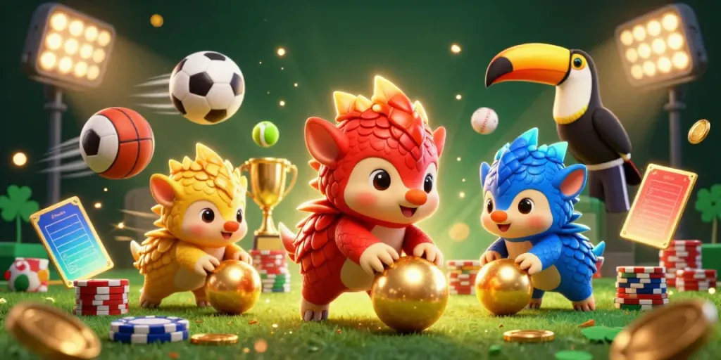 Engaging illustration of nhà cái trực tuyến uy tín featuring colorful pangolins interacting with gambling elements and flying sports balls.