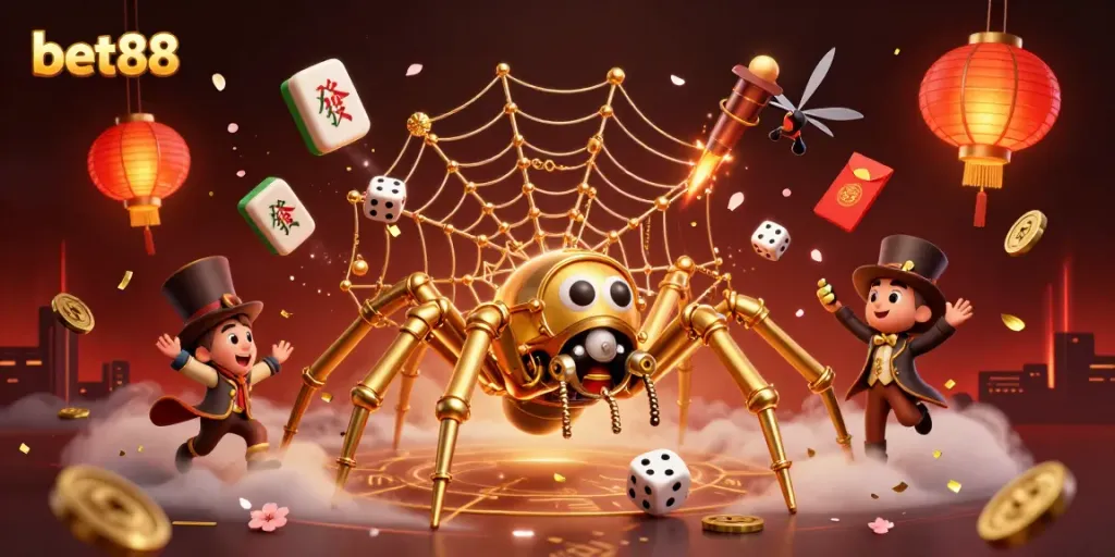 Experience the excitement of bet88 with a dynamic 3D steampunk scene featuring a golden spider, dice, and vibrant game elements.