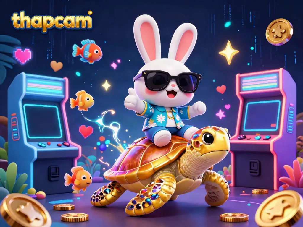 Thapcam brings vibrant luck with a rabbit and sea turtle amidst colorful casino elements in 3D.