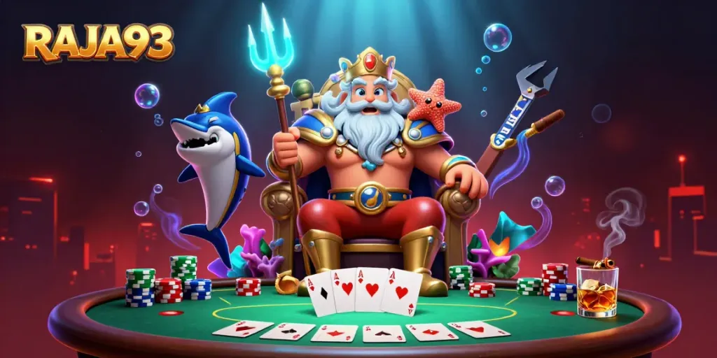 Experience thrilling gaming at RAJA93 with a scenic poker illustration, showcasing vibrant tables and game elements.