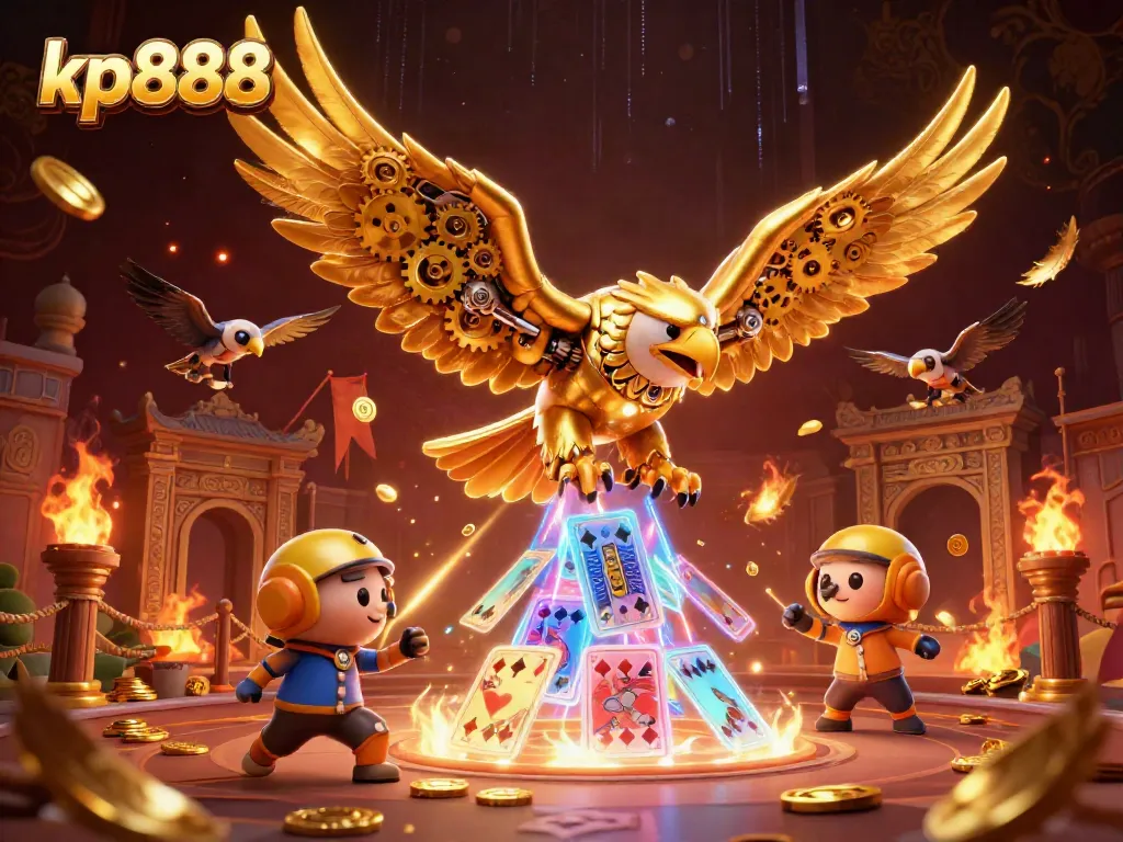 Experience the thrill of kp888 gaming with an animated golden eagle soaring through holographic cards in a vibrant casino setting.