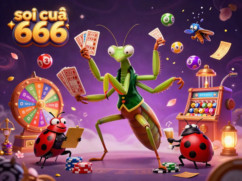 Engaging scene of soi cầu 666 with giant mantis and ladybug at a vibrant lottery-themed casino.