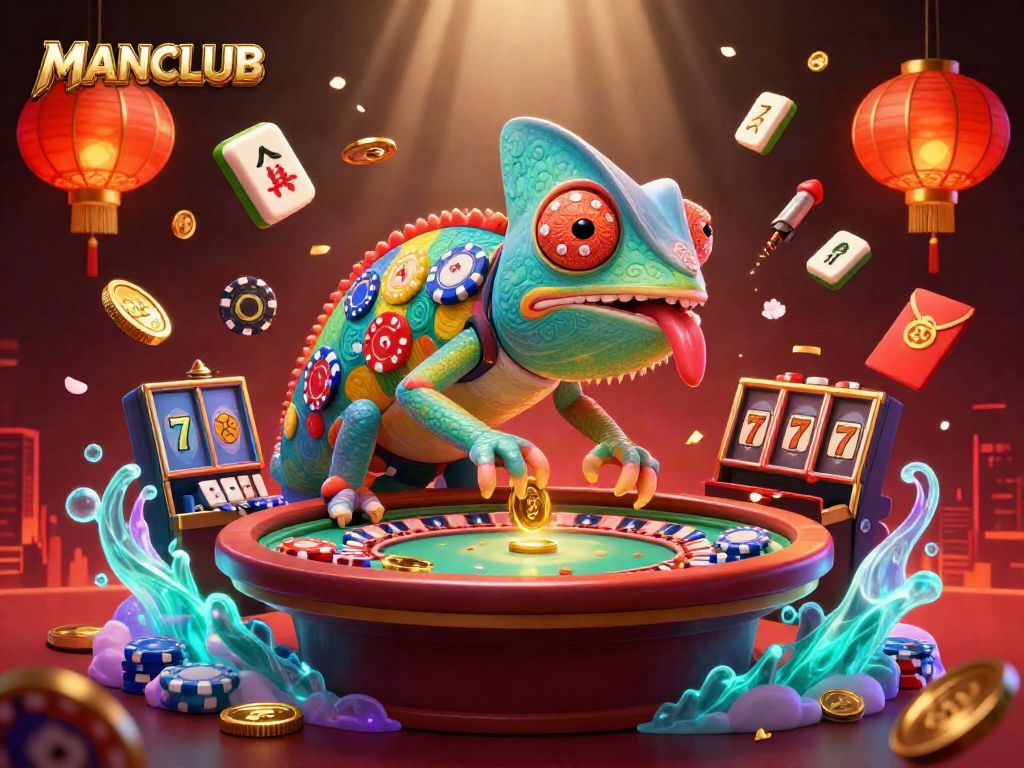 Join the MANCLUB fun with a vibrant casino scene featuring a playful chameleon and dynamic game elements.