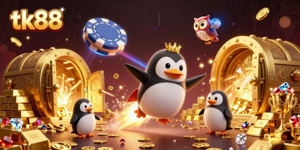 Experience the thrill of tk88 as a golden penguin zooms through a casino-themed space.