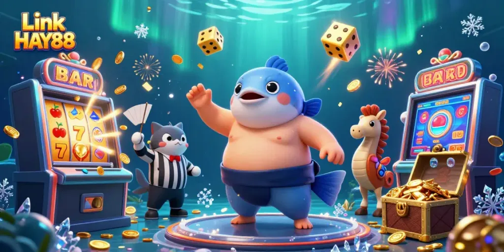 Experience the excitement of Link HAY88 with vibrant underwater casino action featuring a dynamic fugu and slot elements.