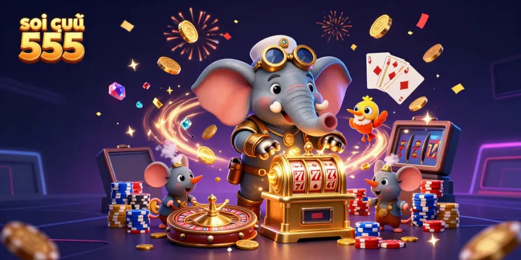 Soi cầu 555 illustration featuring a steampunk elephant engineer playing a slot machine with vibrant casino elements.