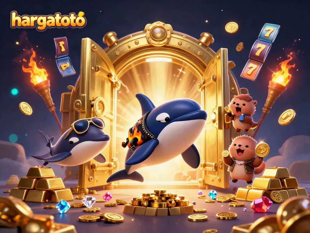 Hargatoto scenes showcase vibrant gambling joy with cartoon characters and treasure elements.