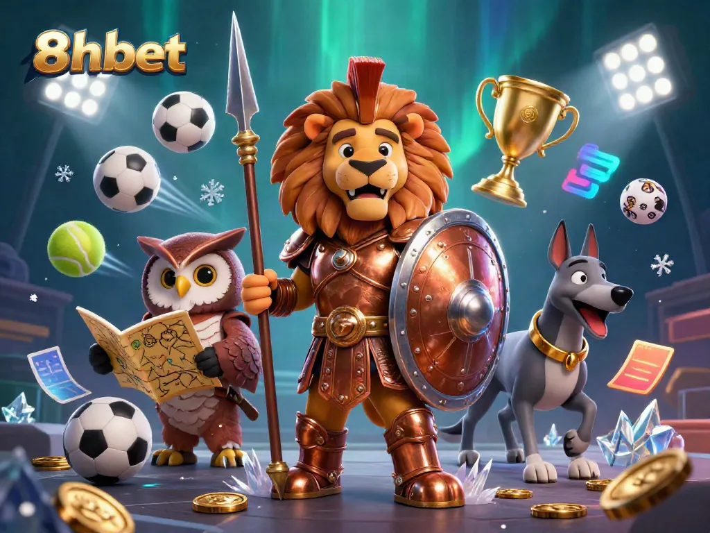 Bet on 8xbet with a dynamic illustration featuring a Spartan lion, tactical owl, and swift greyhound amidst sports elements.