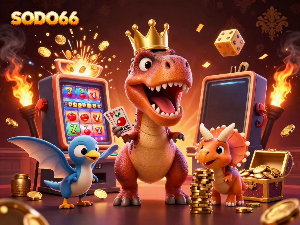 SODO66 animated scene with T-Rex shuffling cards, pterodactyl assisting, and triceratops stacking chips