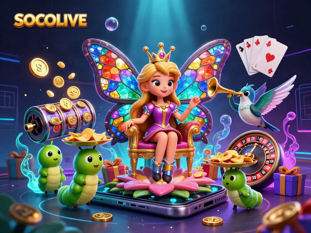 SOCOLIVE features a vibrant 3D scene with a butterfly queen surrounded by dynamic gaming elements and casino symbols.