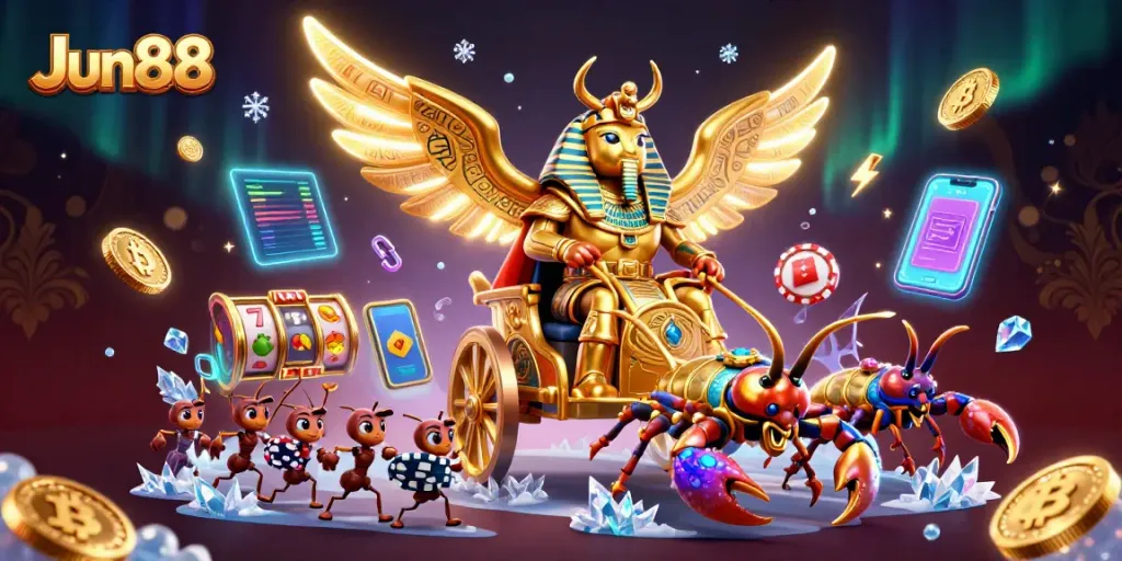Engage in thrilling gaming at Jun88 with a vibrant scene showcasing slot games, crypto elements, and extravagant characters.