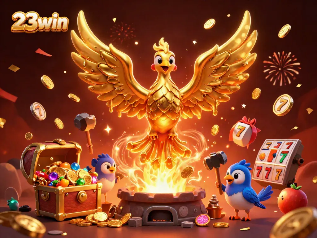 Experience the thrill of 23win with a stunning phoenix and vibrant casino elements.