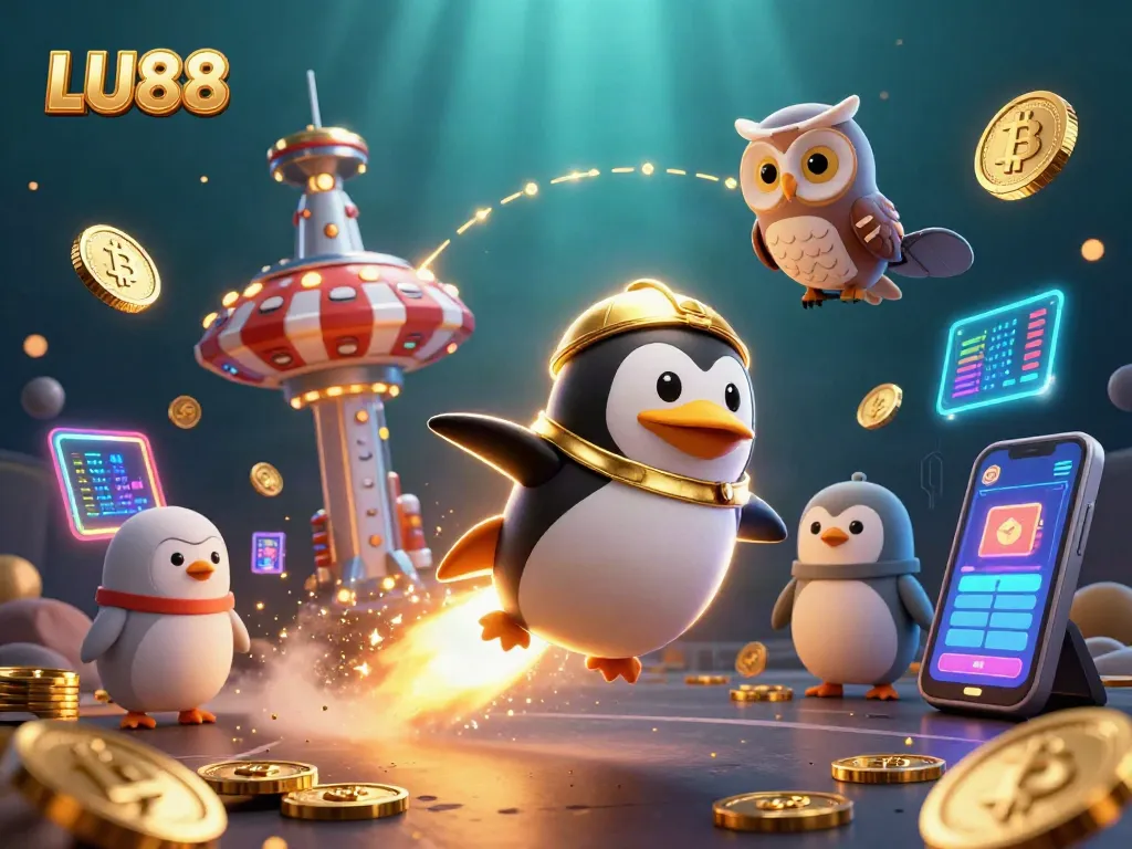 LU88 casino illustration with a golden penguin and crypto elements, showcasing vibrant gaming action.