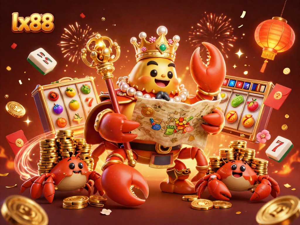 Engage with lx88 at this vibrant casino scene featuring a golden crab emperor and dynamic gaming elements.