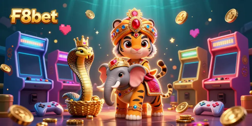 Win big with F8bet: Discover an exciting 3D scene of a tiger riding an elephant amidst arcade gaming elements.