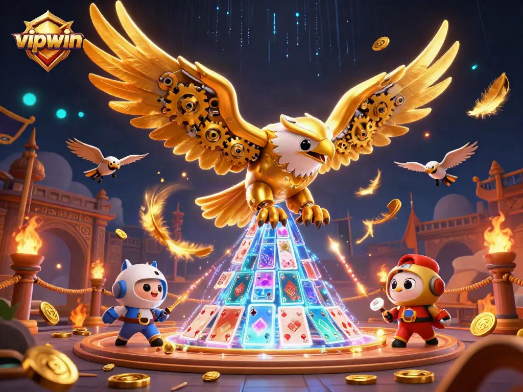 Experience the excitement of vipwin with a 3D eagle soaring through holographic cards in a vibrant casino scene.