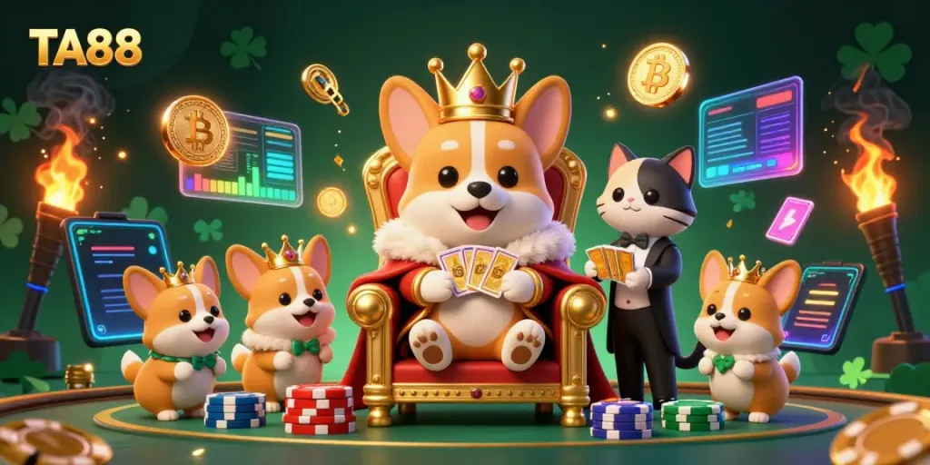 Engage with TA88's exciting world of casino games featuring vibrant characters and crypto elements.