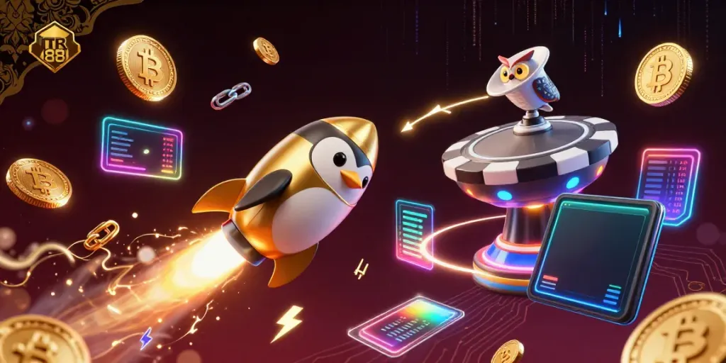 Experience TR 88 with a 3D golden penguin soaring towards a poker chip casino, surrounded by glowing crypto coins.