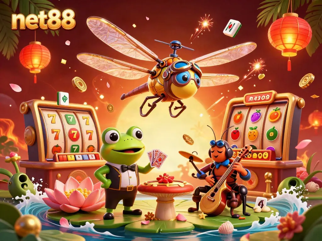 Join the fun at net88 with a lively casino scene showcasing a cartoon dragonfly pilot and frog croupier.