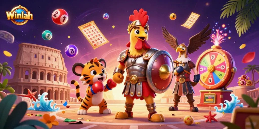 Winlah's vibrant casino scene featuring a gladiator rooster and dynamic gaming elements.