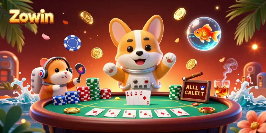 Zowin offers a thrilling poker experience with a playful 3D astronaut corgi in a casino setting.