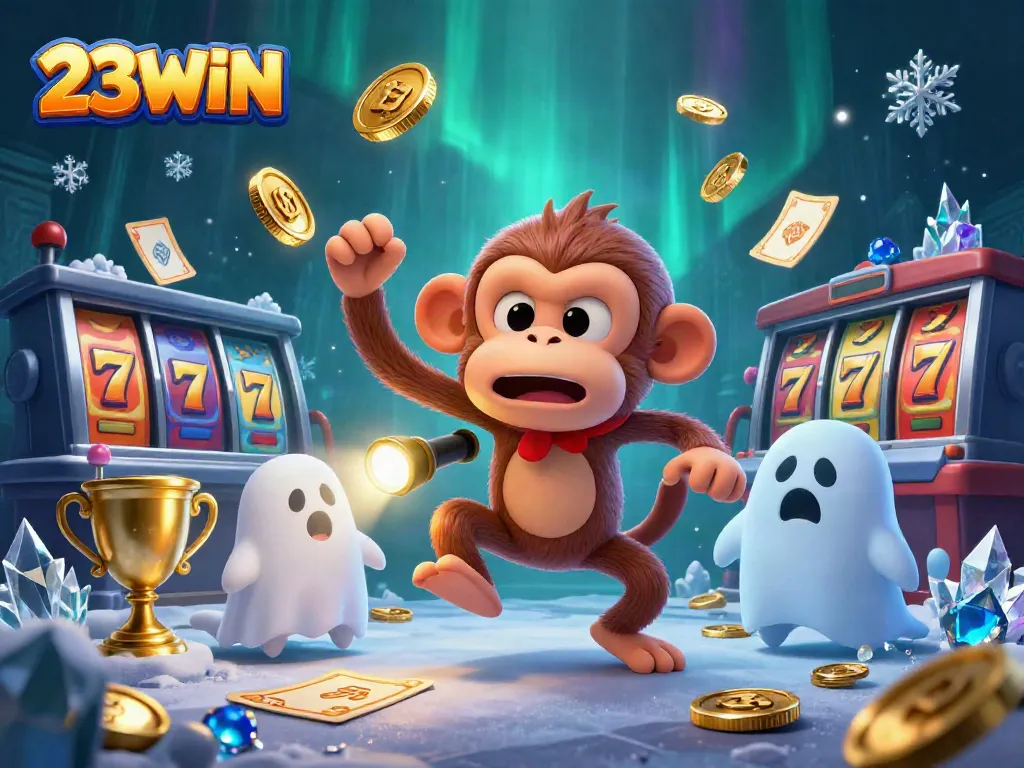 23WIN showcases a playful scene between a mischievous poltergeist monkey and a ghost-hunter puppy at a haunted casino.