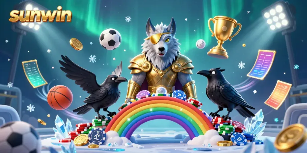Engage in thrilling gameplay at sunwin with an exciting 3D Norse-themed casino illustration showcasing vibrant sports elements.
