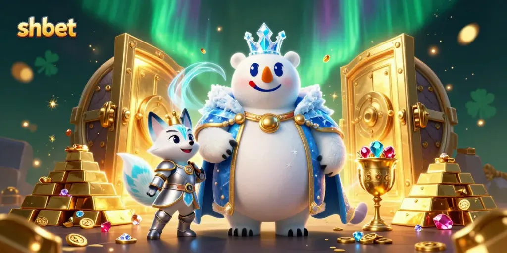 Experience thrilling gameplay at shbet with a polar bear king and snow fox in a vibrant casino setting.