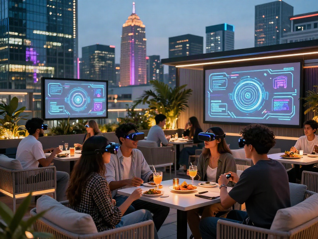 Friends exploring 18+ ai technology at a rooftop lounge in a vibrant city.